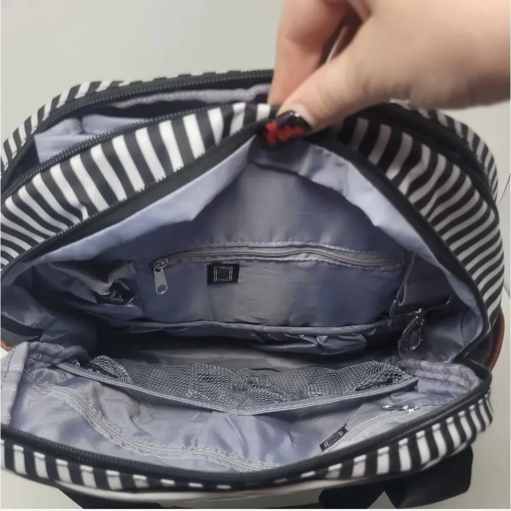 iPack baby bowling diaper bag backpack black white striped faux vegan leather